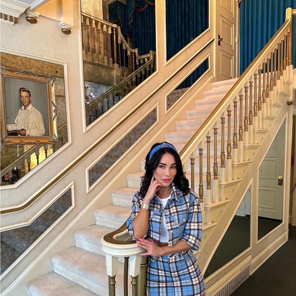 two piece denim plaid set